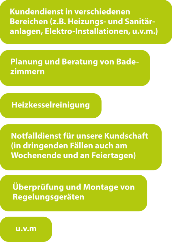  Kundendienst in verschiedenen Bereichen (z.B. Heizungs- und Sanitranlagen, Elektro-Installationen, u.v.m.)
 Wartungsarbeiten/Aufbereitung von Trinkwassersystemen
 Optimierungsberatung von Heizungs- und Sanitranlagen
 Planung und Beratung von Badezimmern
 Heizkesselreinigung
 Notfalldienst (in dringenden Fllen auch am Wochenende sowie an Feiertagen)
 berprfung und Montage von Regelungsgerten
 u.v.m.