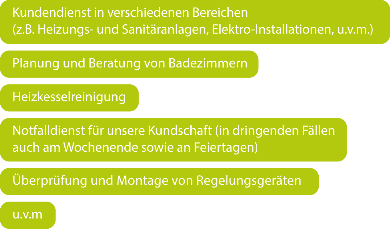  Kundendienst in verschiedenen Bereichen (z.B. Heizungs- und Sanitranlagen, Elektro-Installationen, u.v.m.)
 Wartungsarbeiten/Aufbereitung von Trinkwassersystemen
 Optimierungsberatung von Heizungs- und Sanitranlagen
 Planung und Beratung von Badezimmern
 Heizkesselreinigung
 Notfalldienst (in dringenden Fllen auch am Wochenende sowie an Feiertagen)
 berprfung und Montage von Regelungsgerten
 u.v.m.