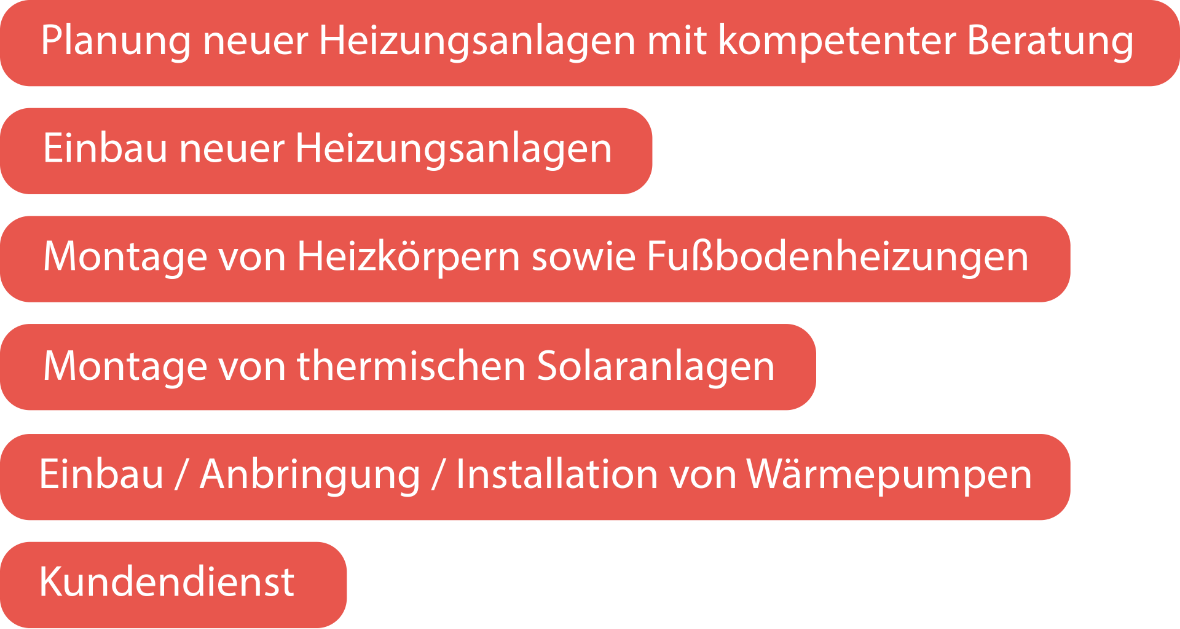  Planung neuer Heizungsanlagen mit kompetenter Beratung
 Einbau neuer Heizungsanlagen
 Montage von Heizkrpern sowie Fubodenheizungen
 Montage von thermischen Solaranlagen
 Einbau / Anbringung / Installation von Wrmepumpen
 Kundendienst