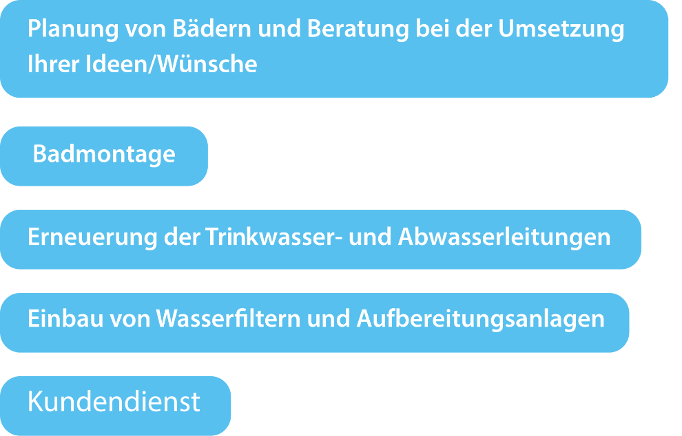  Planung von Bdern und Beratung bei der Umsetzung Ihrer Ideen/Wnsche
 Badmontage
 Erneuerung der Trinkwasser- und Abwasserleitungen
 Einbau von Wasserfiltern und Aufbereitungsanlagen
 Kundendienst