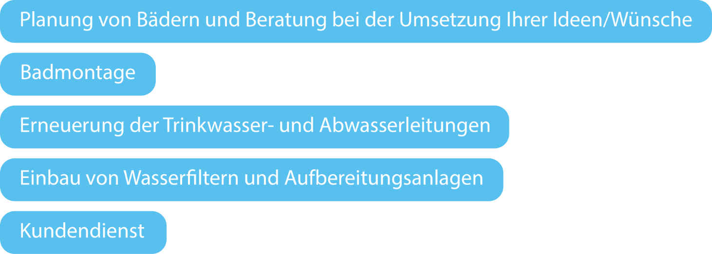  Planung von Bdern und Beratung bei der Umsetzung Ihrer Ideen/Wnsche
 Badmontage
 Erneuerung der Trinkwasser- und Abwasserleitungen
 Einbau von Wasserfiltern und Aufbereitungsanlagen
 Kundendienst